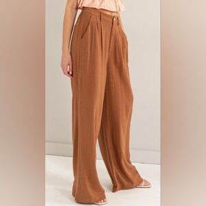FREE PEOPLE Brown Wide Leg Linen-Blend Pleated Front Trousers